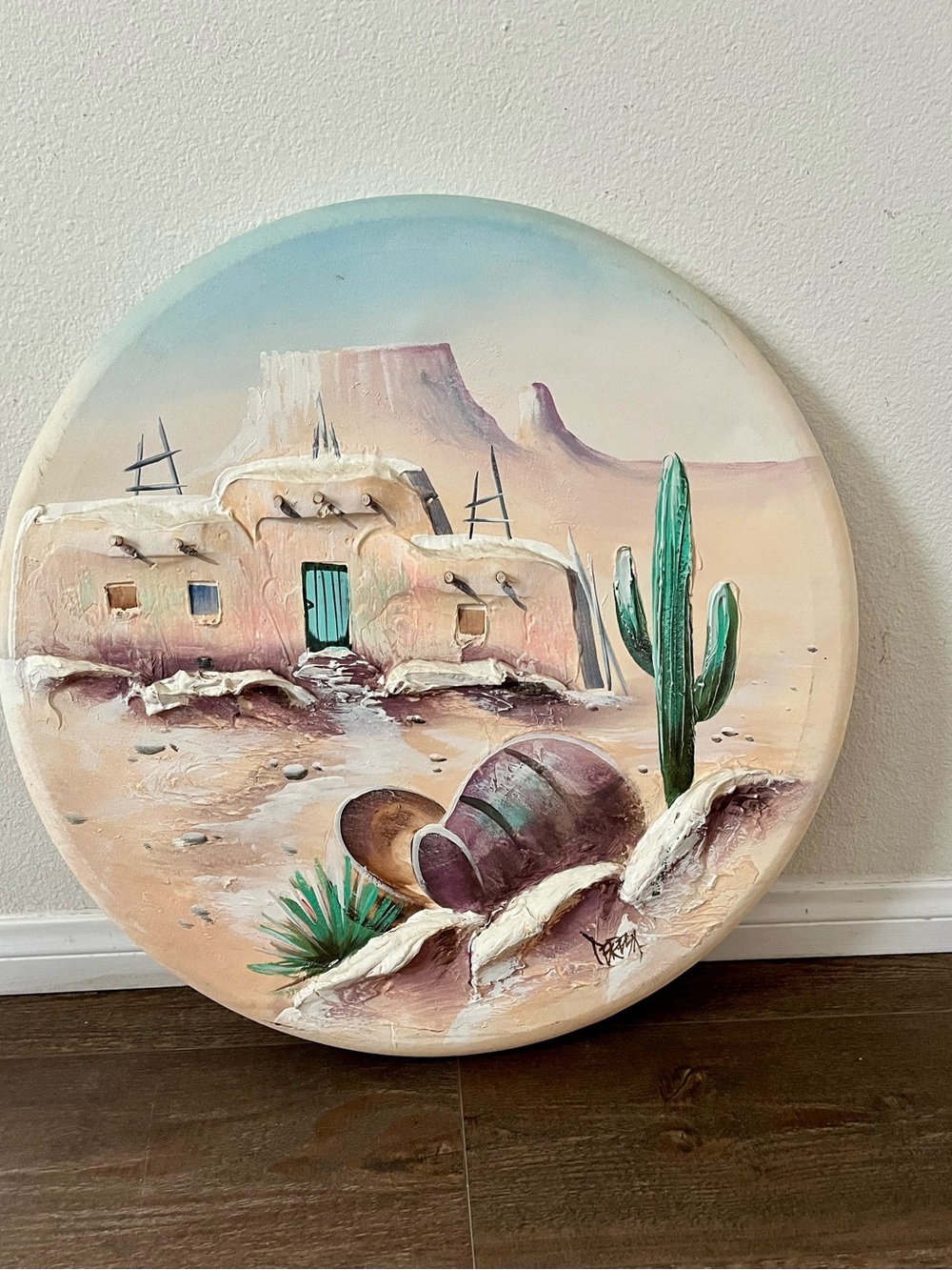Southwestern Desert Round Wall Art with Cactus and Pueblo d 24 inch